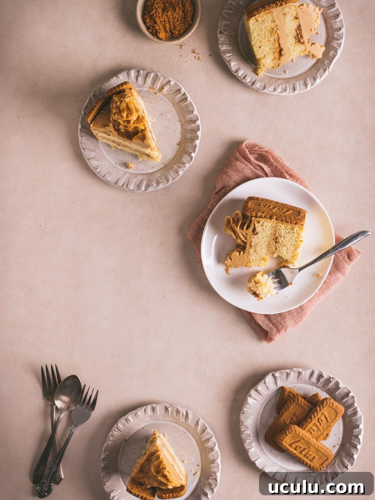 Servings of lotus cake on a dessert plate.