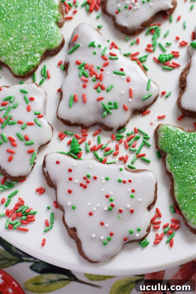Close up of chocolate Christmas tree shortbread.