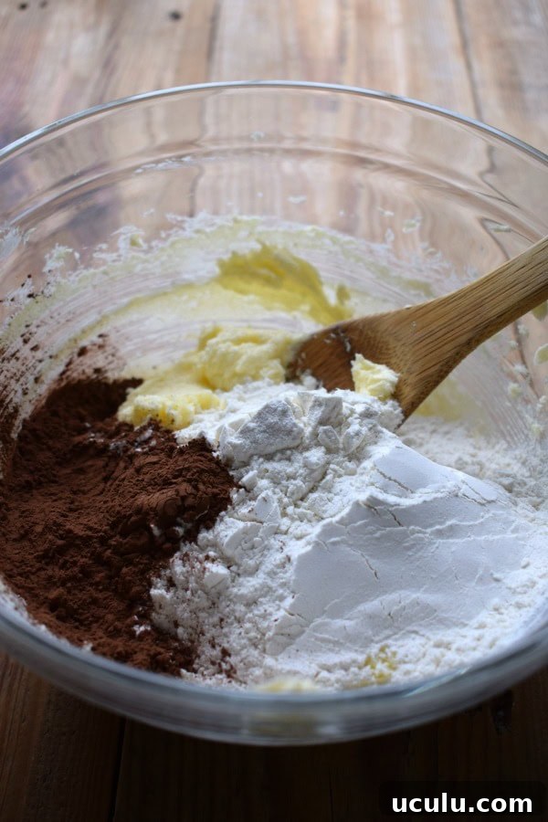 Making chocolate shortbread cookies in a bowl.