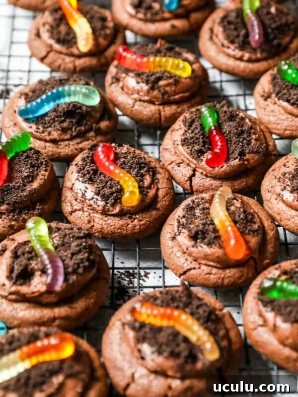 Cooling rack of dirt cookies topped with gummy worms.