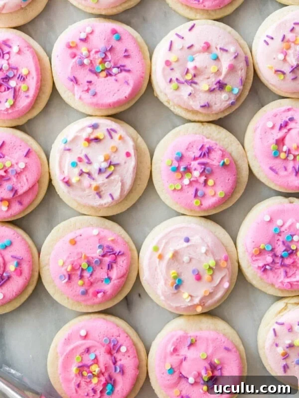 overhead view of homemade lofthouse cookies topped with varying shades of pink icing and sprinkles