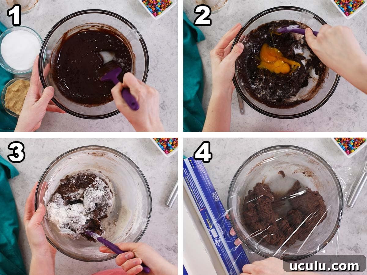 Collage of four photos showing an overhead view of chocolate cookie dough being prepared.