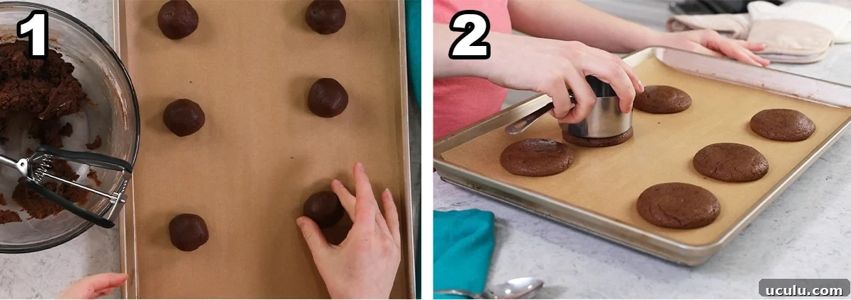 Two photos showing chocolate cookies being rolled, baked, and flattened.