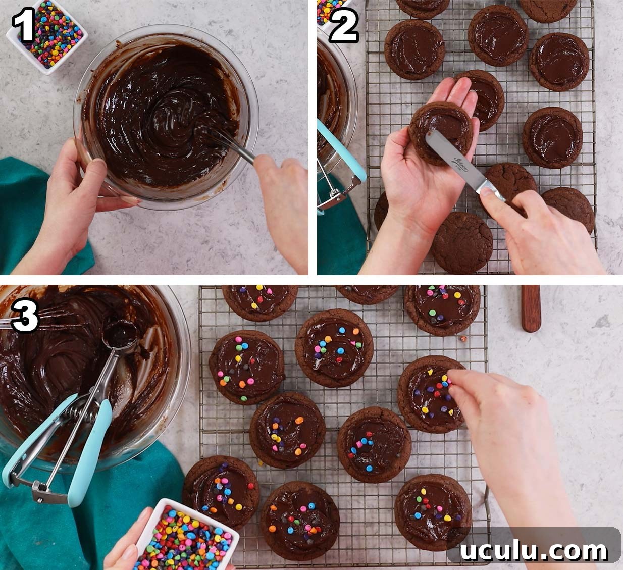 Three photos showing an overhead view of fudge frosting being prepared, spread over cookies, and topped with colorful candy pieces.
