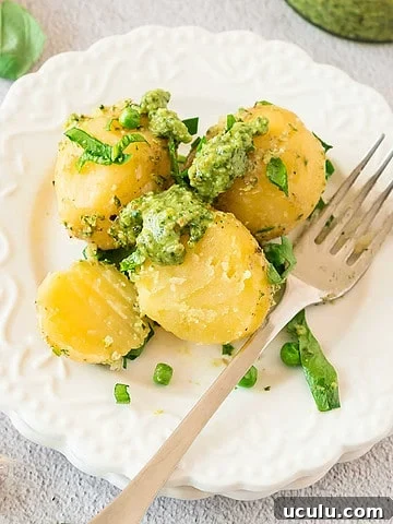 White plate with silver fork and potato pesto salad. Light gray surface.