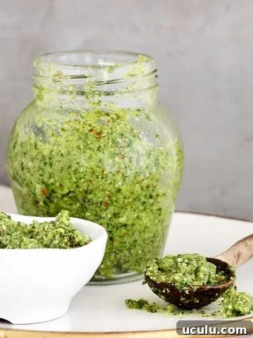 White bowl, jar, and wooden spoon with cilantro pesto on a white plate. Grey background.