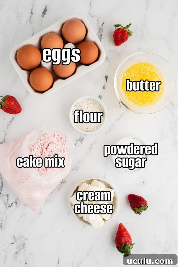 Ingredients used in strawberry cake mix cookies.