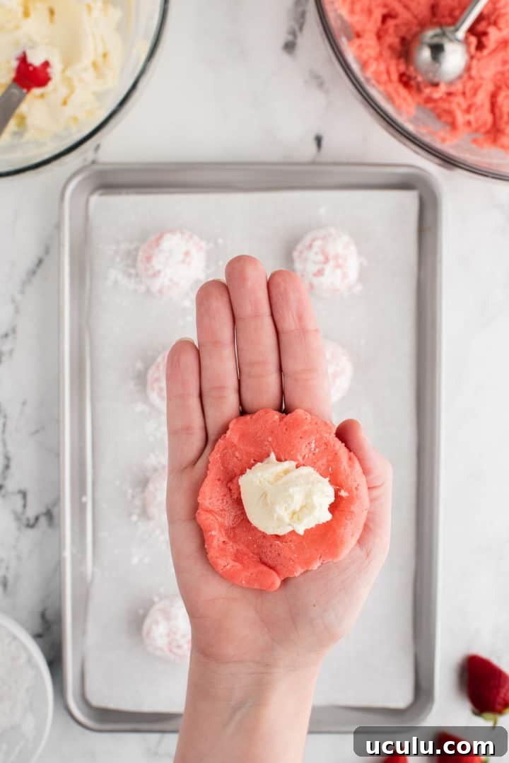 Cream cheese in the center of strawberry cookie dough.
