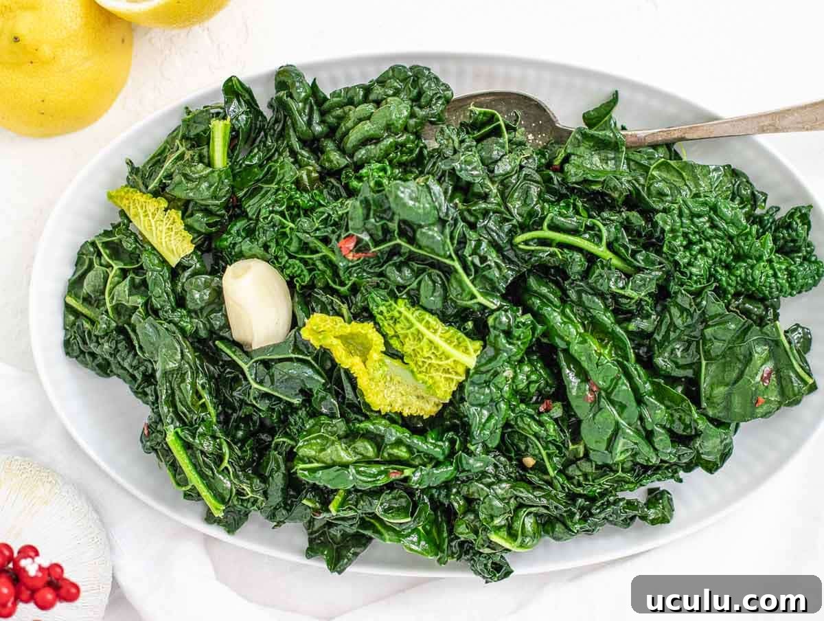 Sauteed kale on a white platter
