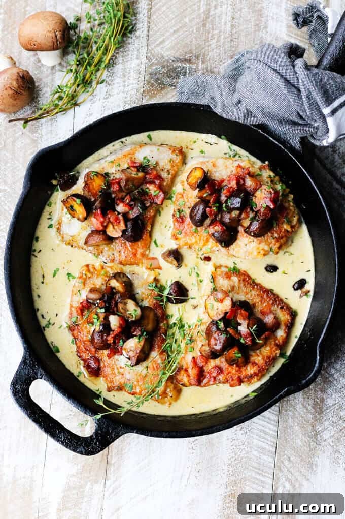 Pork chops in white wine creams sauce in a pan, diagonal overhead shot with mushrooms and thyme on a side