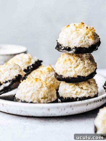 Chocolate dipped german macaroon cookies on a white ceramic plate.