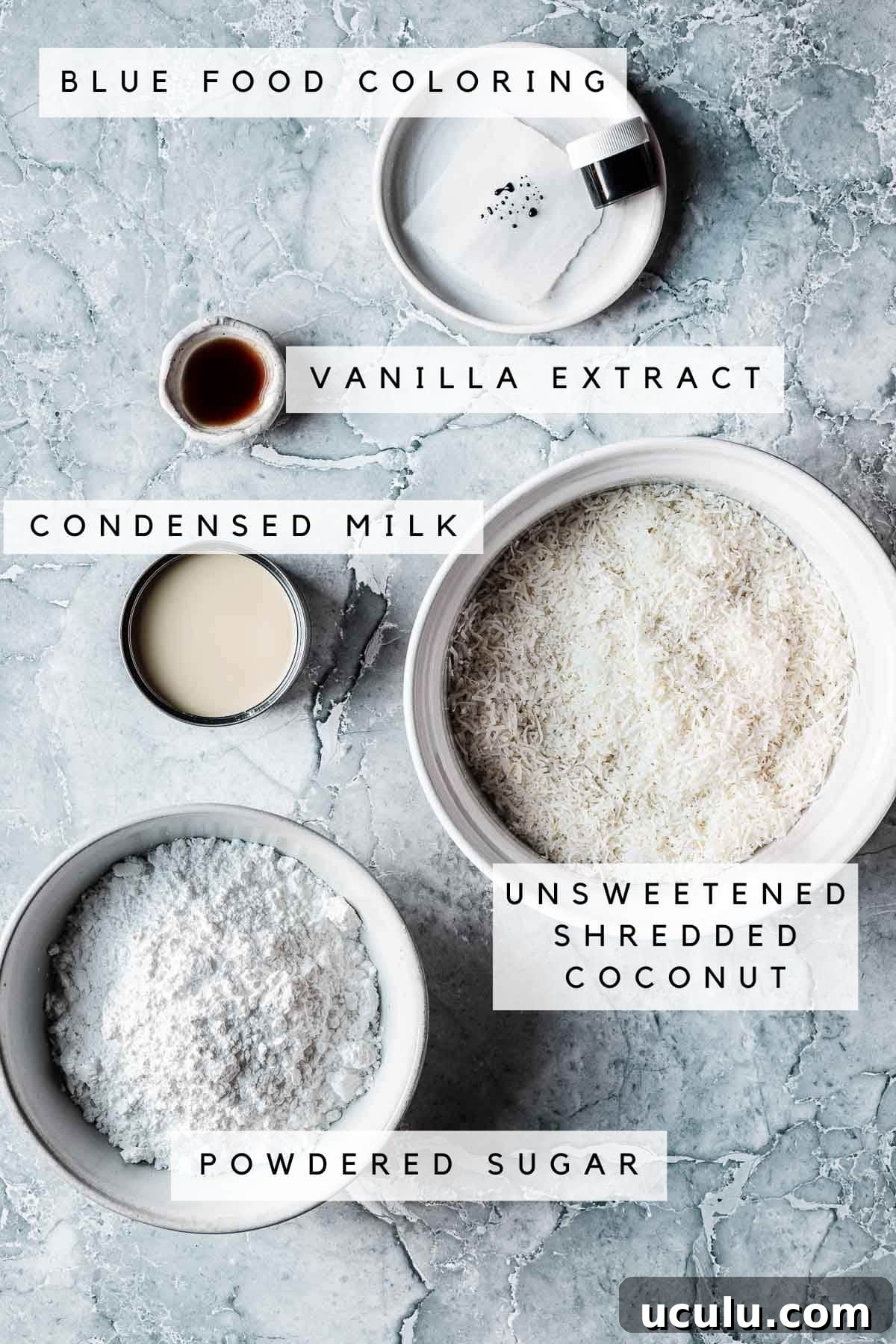Labeled ingredients for coconut ice candy.