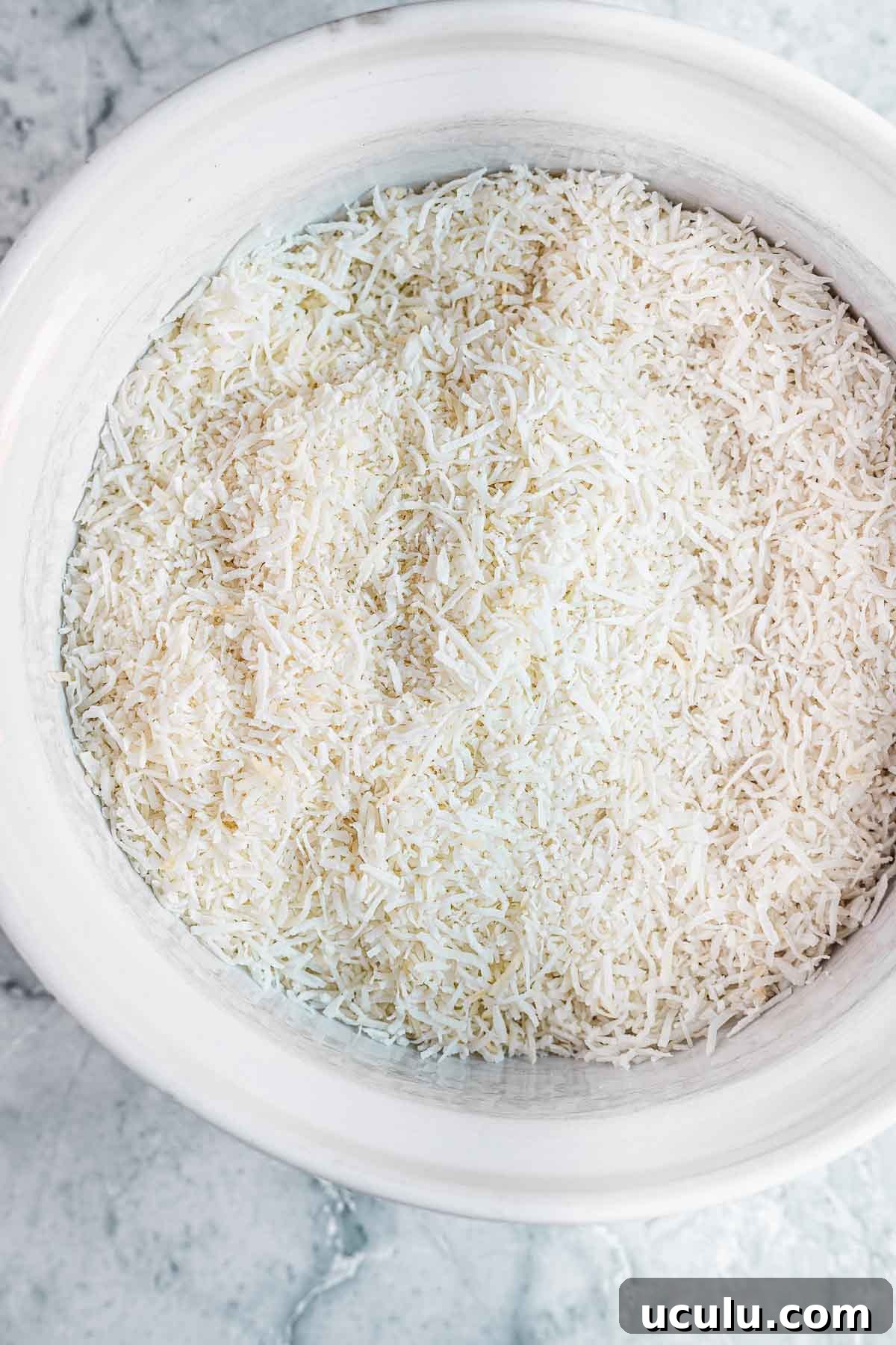 Shredded coconut in a white bowl before being chopped fine.