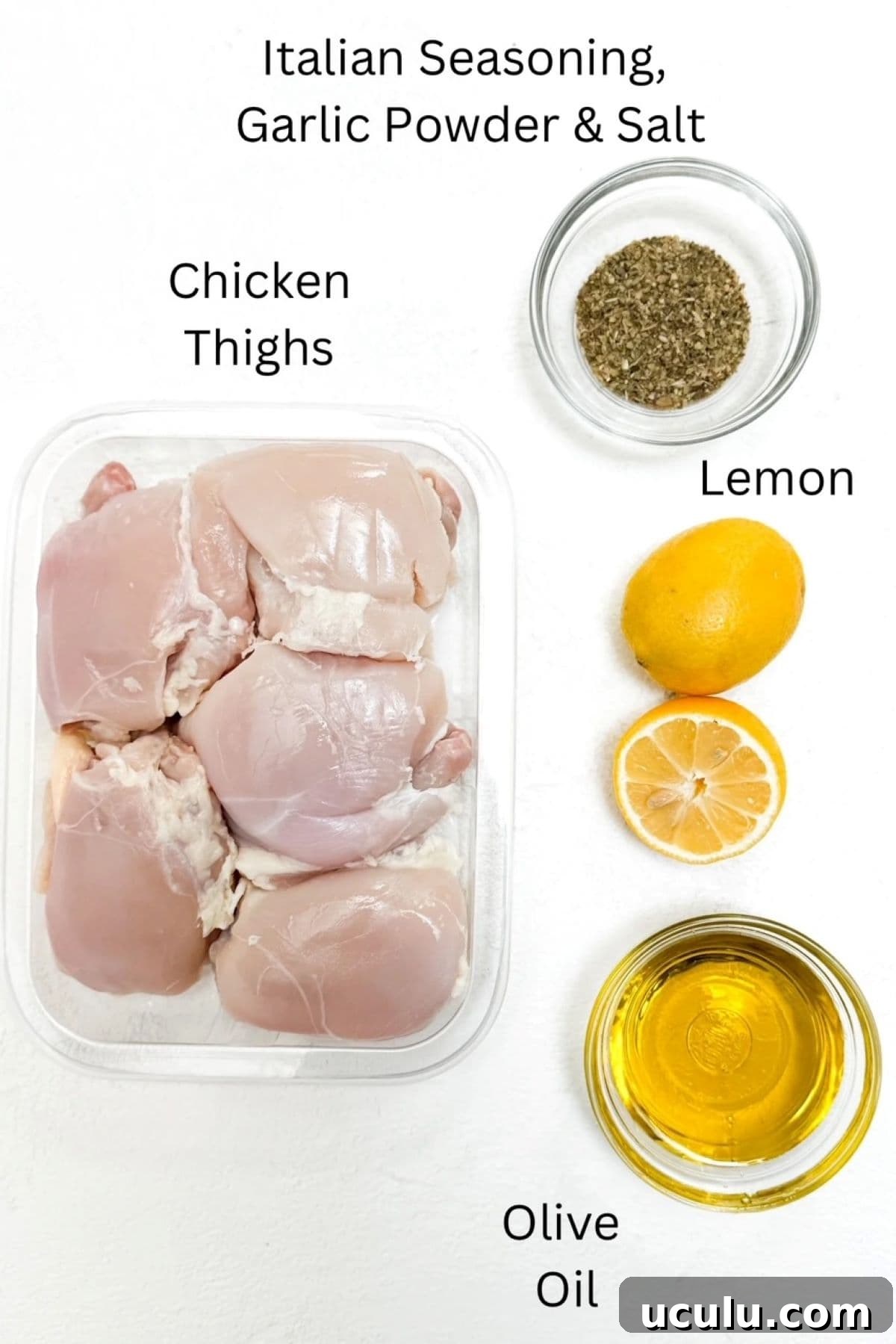 Ingredients to make baked Italian chicken, labeled.