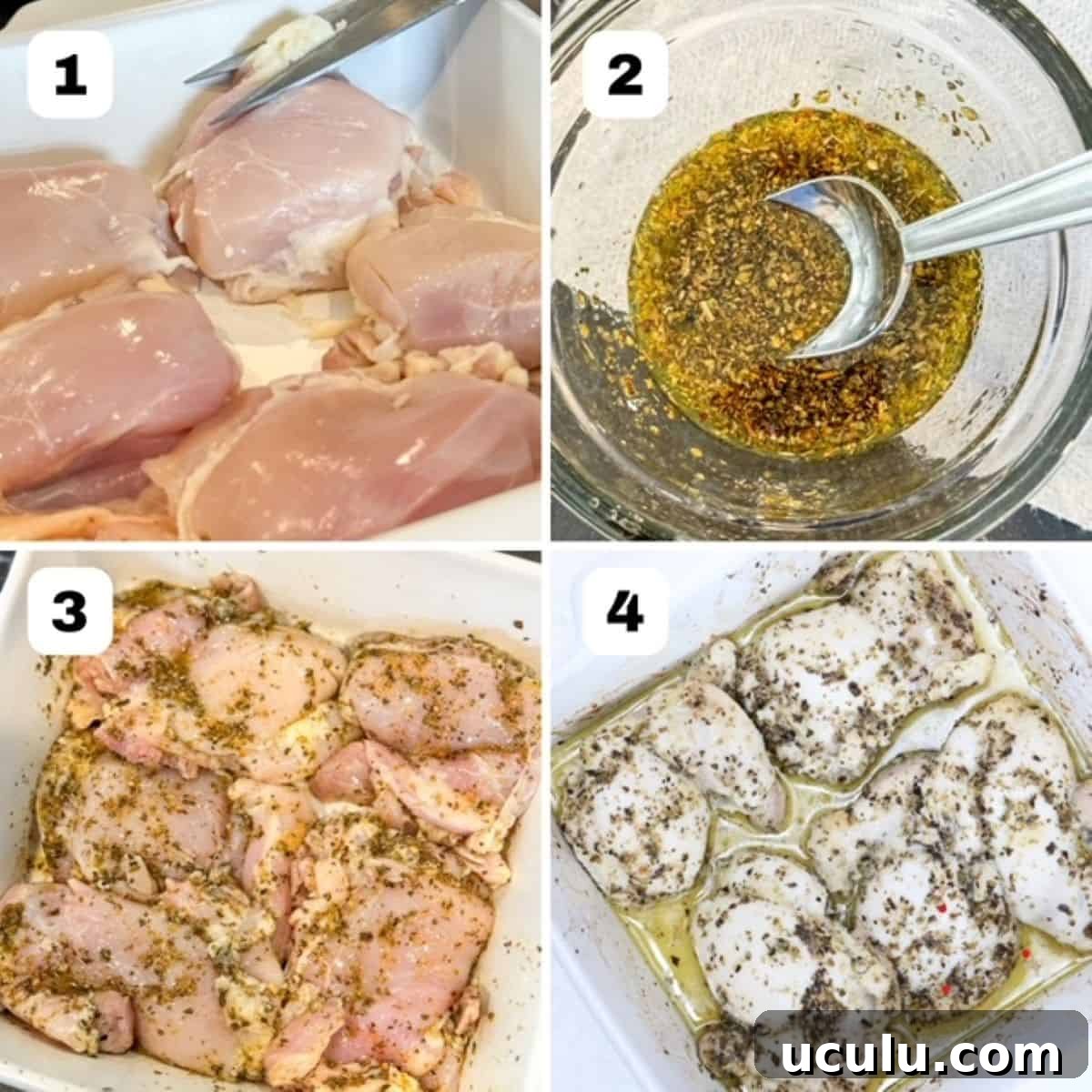 Four numbered images showing how to make Baked Italian Chicken.