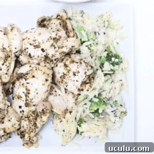 Pieces of Italian chicken with orzo and broccoli to the side.