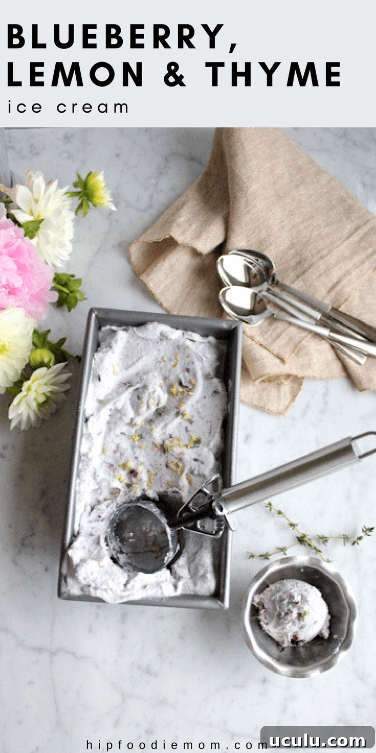 This Blueberry Lemon and Thyme ice cream is light, fruity, floral and delicious! #blueberryicecream #thyme #icecream #nochurnicecream #nochurnrecipe #dessert