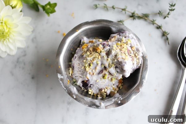 A dish of Blueberry Lemon and Thyme Ice Cream garnished with pistachio, lemon zest, and thyme.