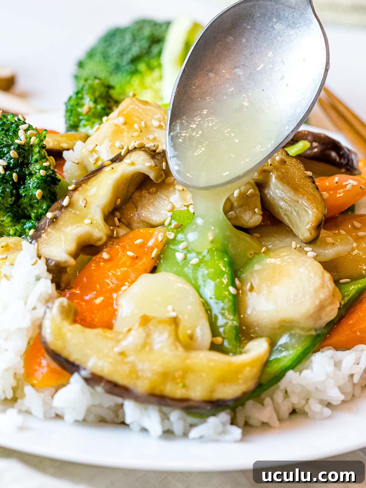 Chinese white sauce poured over stir fry