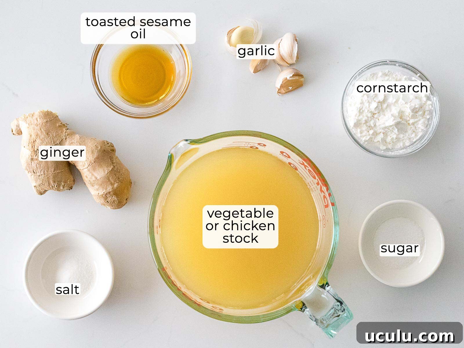 Chinese white sauce ingredients in glass bowls with text label overlays
