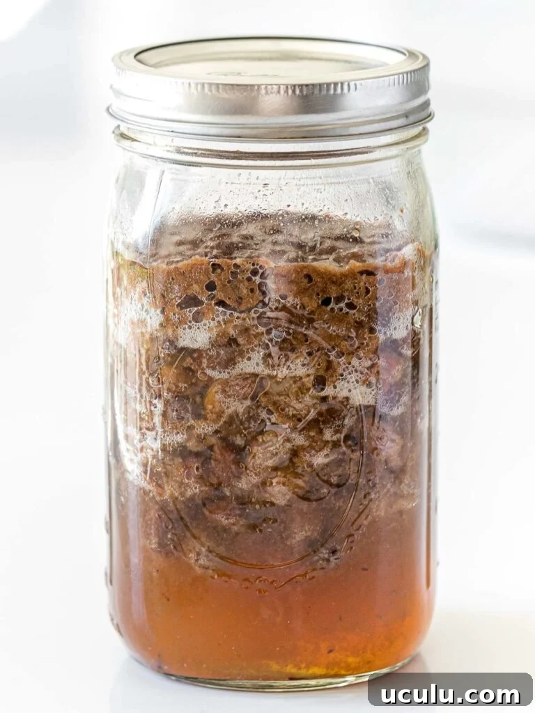 fermented raisin yeast water showing bubbles and floating raisins in a glass mason jar with a lid