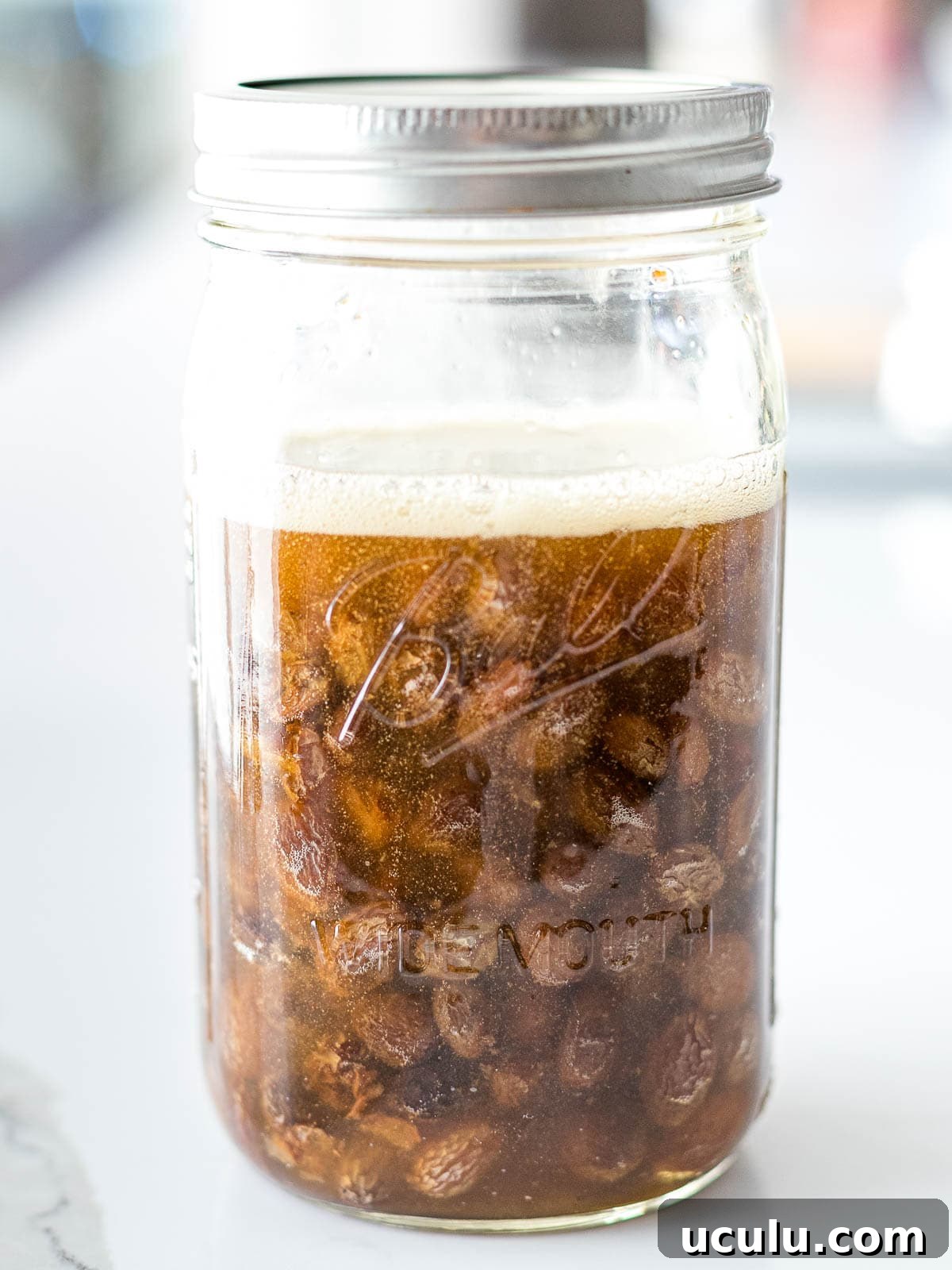 fruit yeast water in a mason jar with raisins and a foam layer on top