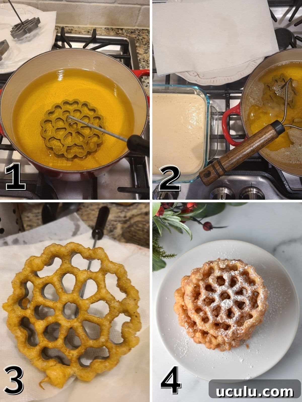 Step by step for frying rosette cookies by dipping iron into oil, then into batter, then frying in a pot.