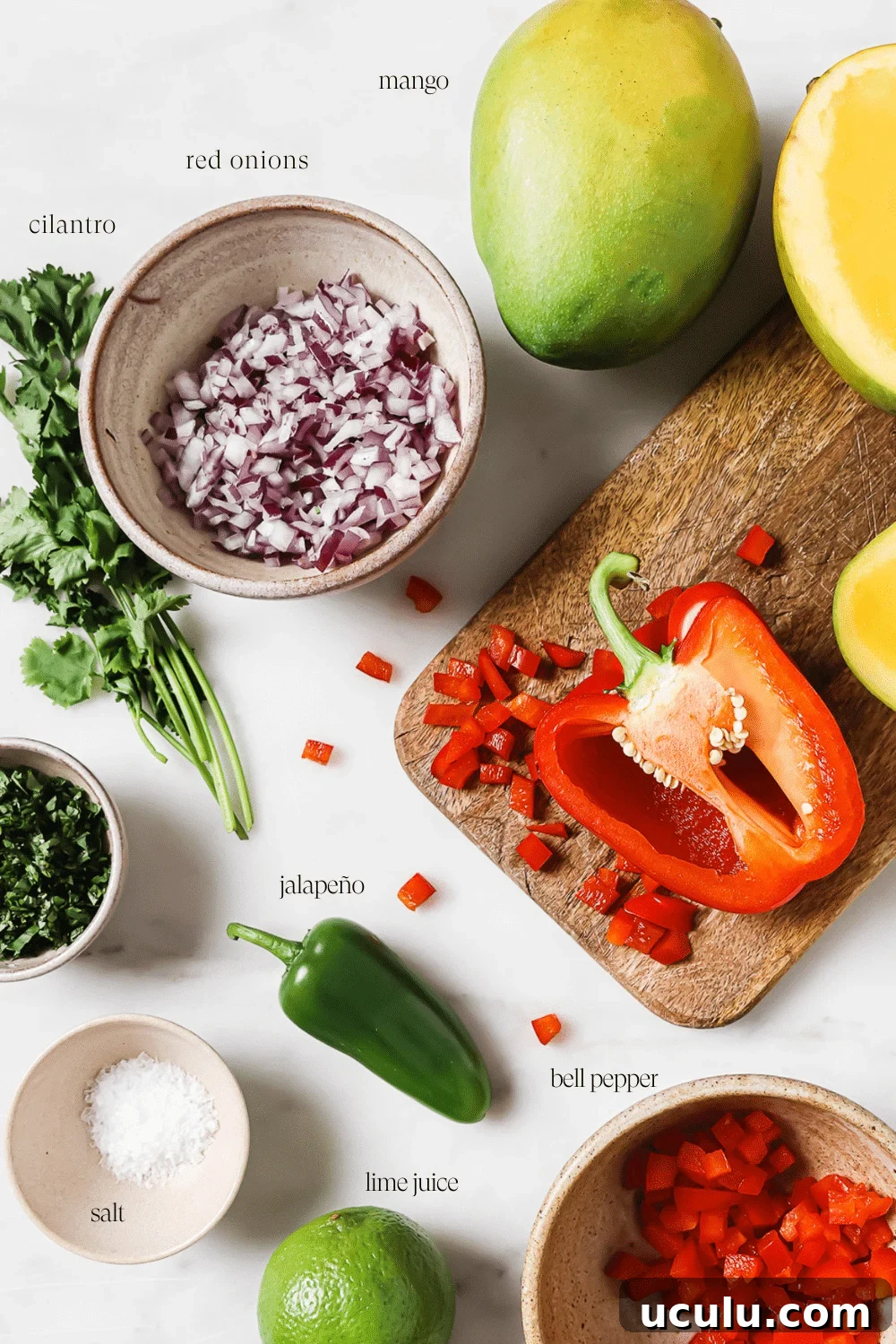 An overhead view of the ingredients displayed on a wooden cutting board and white countertop.