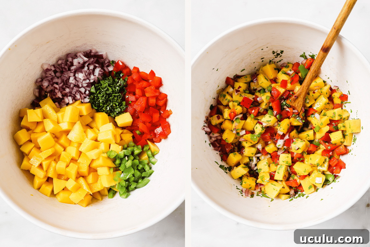 Left: chopped ingredients in a bowl. Right: a finished bowl of mango salsa.