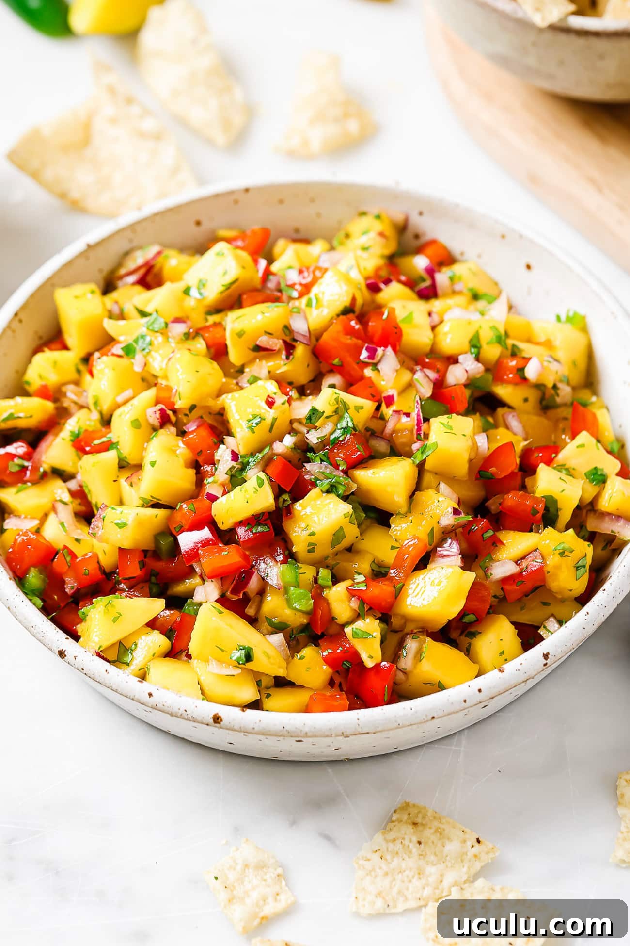 An overhead view of mango salsa in a large white bowl.