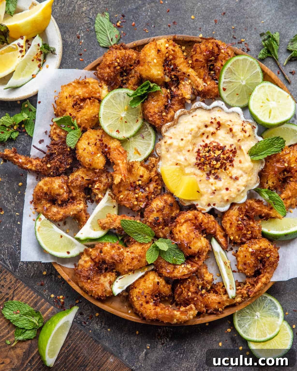 fried Coconut Shrimp on a plate with a sweet dipping sauce in a bowl