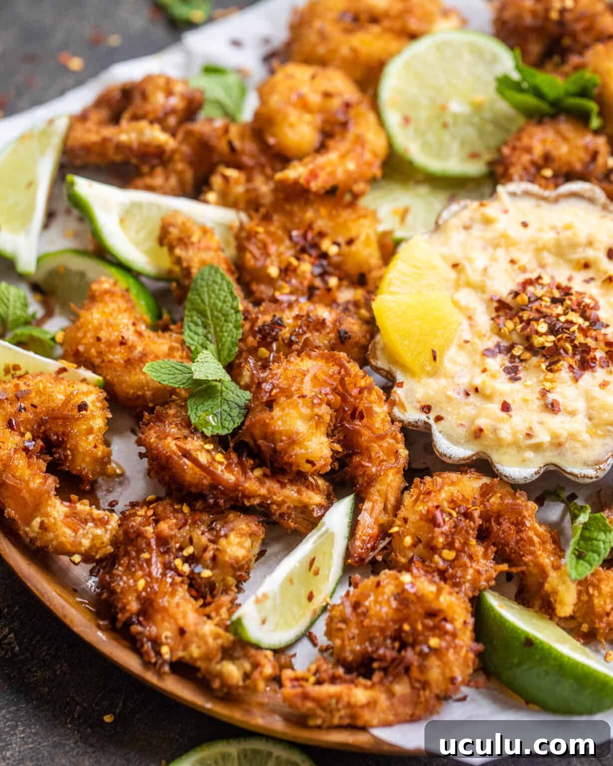 crispy golden fried shrimp on a wooden plate with fresh mint and sliced limes