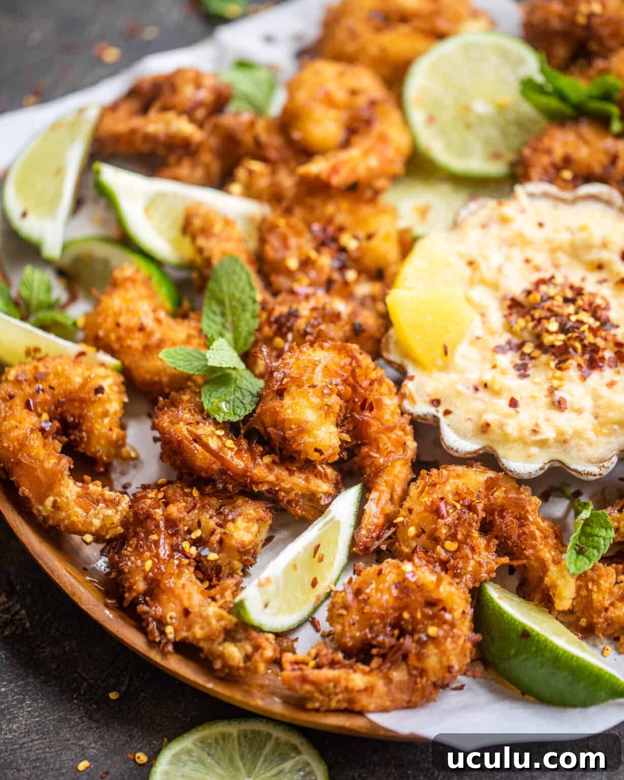 crispy coconut shrimp on a serving platter