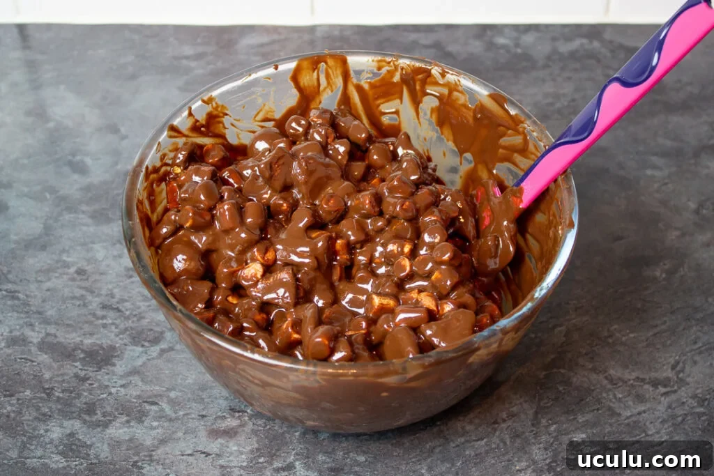 Rocky road mixture in a large mixing bowl.