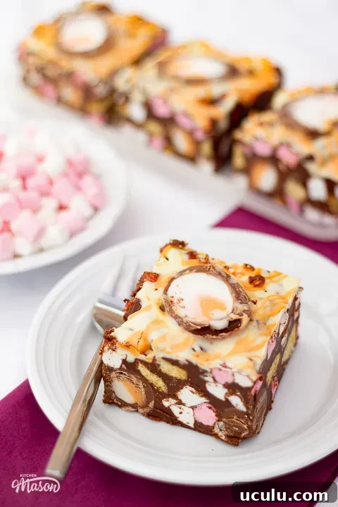 Lots of Creme Egg rocky road bars on servings plates.