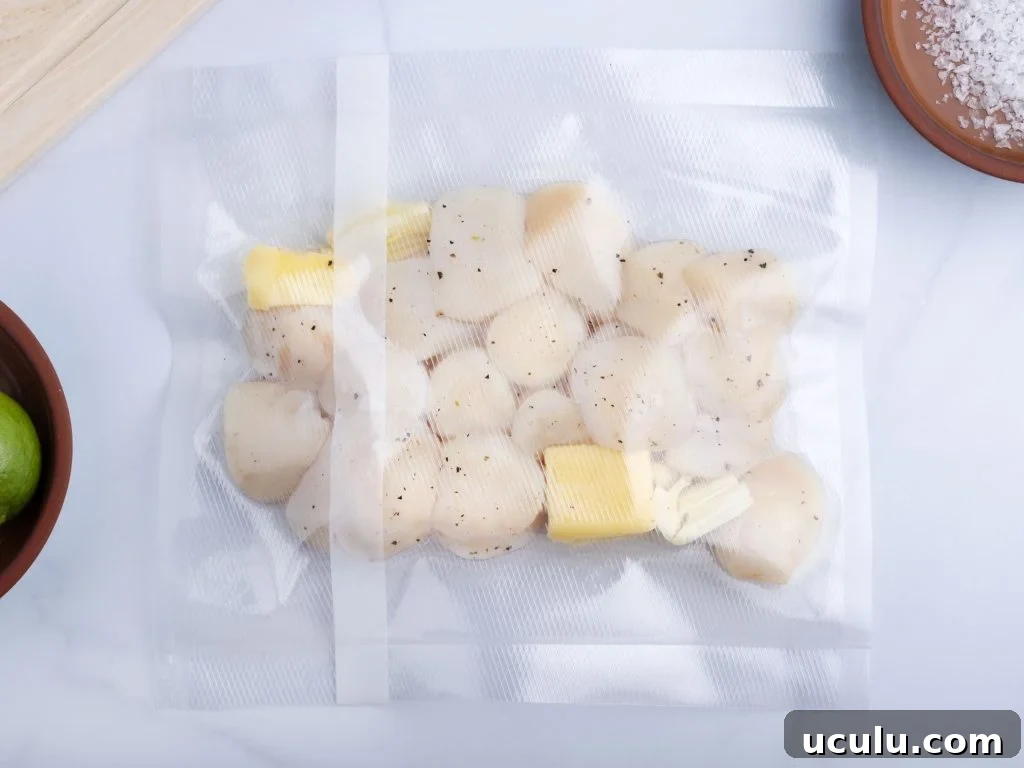raw scallops in a vacuum sealed bag with garlic and butter