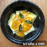 Pumpkin sauce with sage leaves in brown butter over cheese ravioli served in a black bowl from ApronFreeCooking