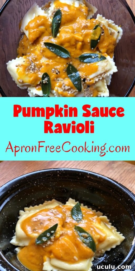 Pumpkin sauce with sage leaves in brown butter over cheese ravioli served in a black bowl from ApronFreeCooking