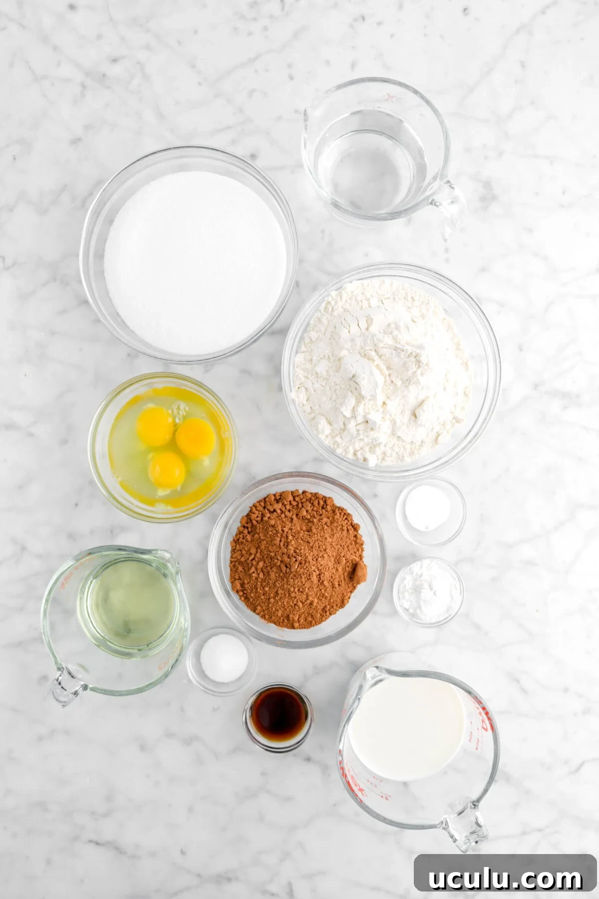 water, sugar, flour, eggs, cocoa powder, baking soda, baking powder, milk, vanilla, salt, and oil on marble surface