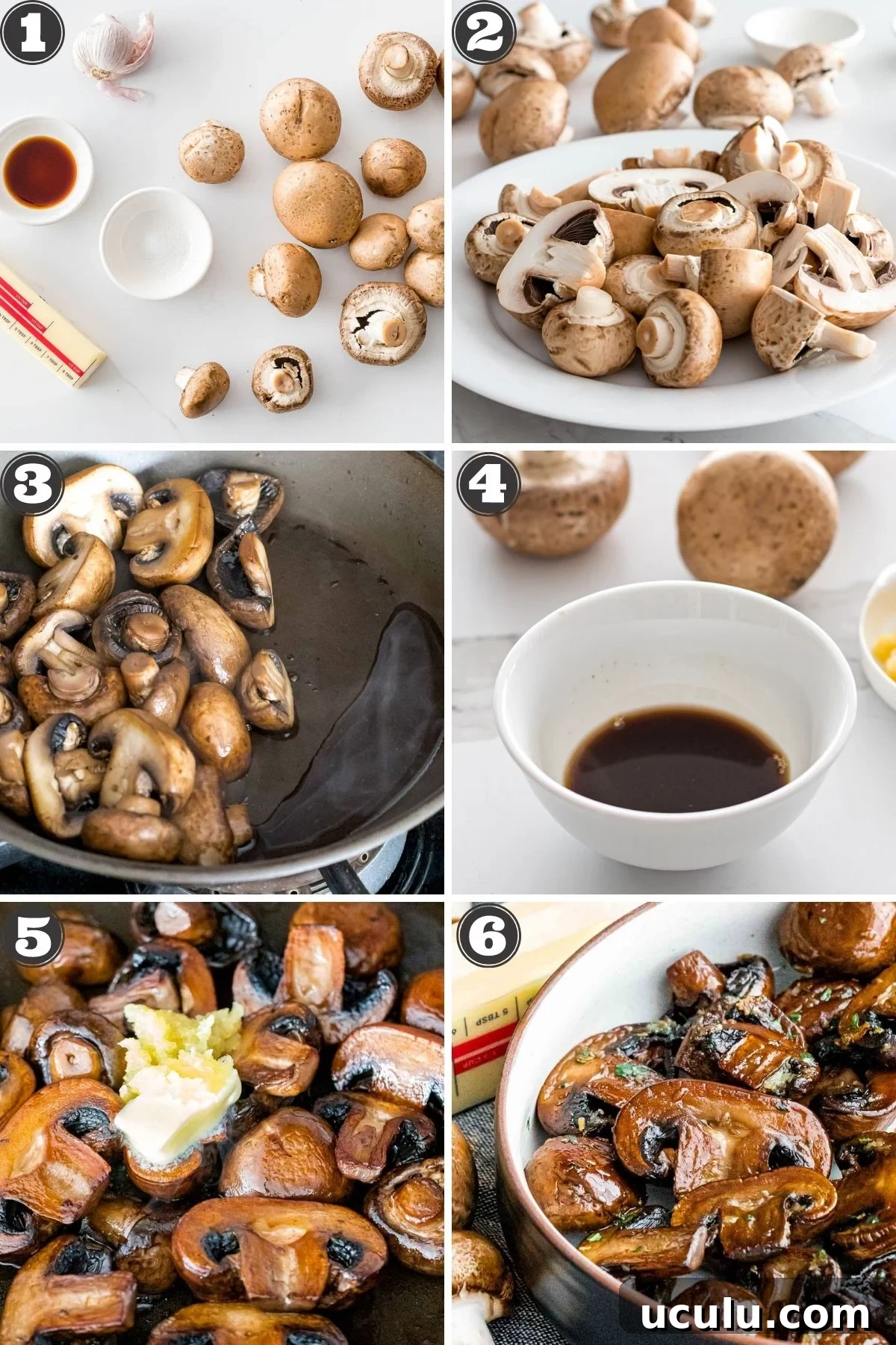 photos with numbered steps for how to make sauteed mushrooms