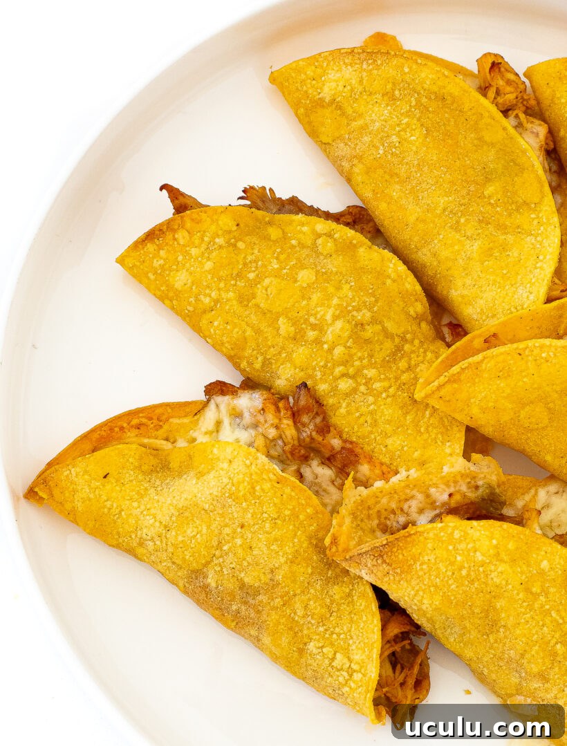 Crispy Baked Chicken Tacos placed on a white plate.