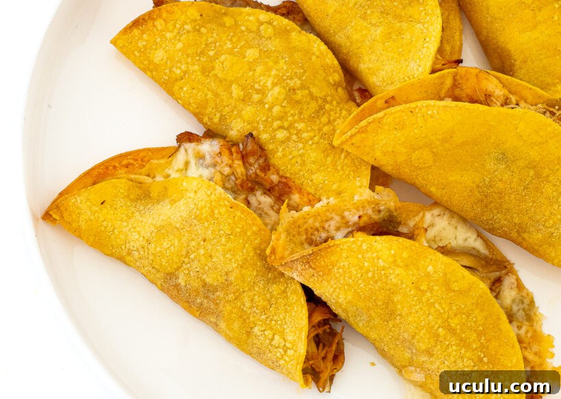 Crispy Baked Chicken Tacos placed on a white plate.