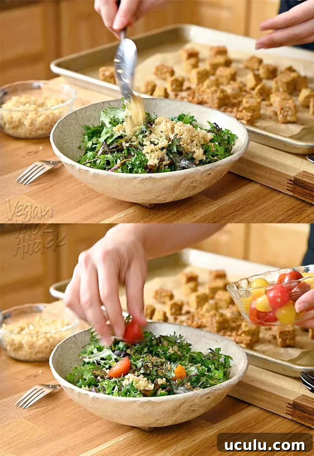 Image collage of adding quinoa and tomatoes to massaged kale