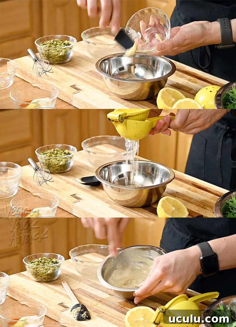 Image collage of adding dijon and lemon juice to tahini dressing