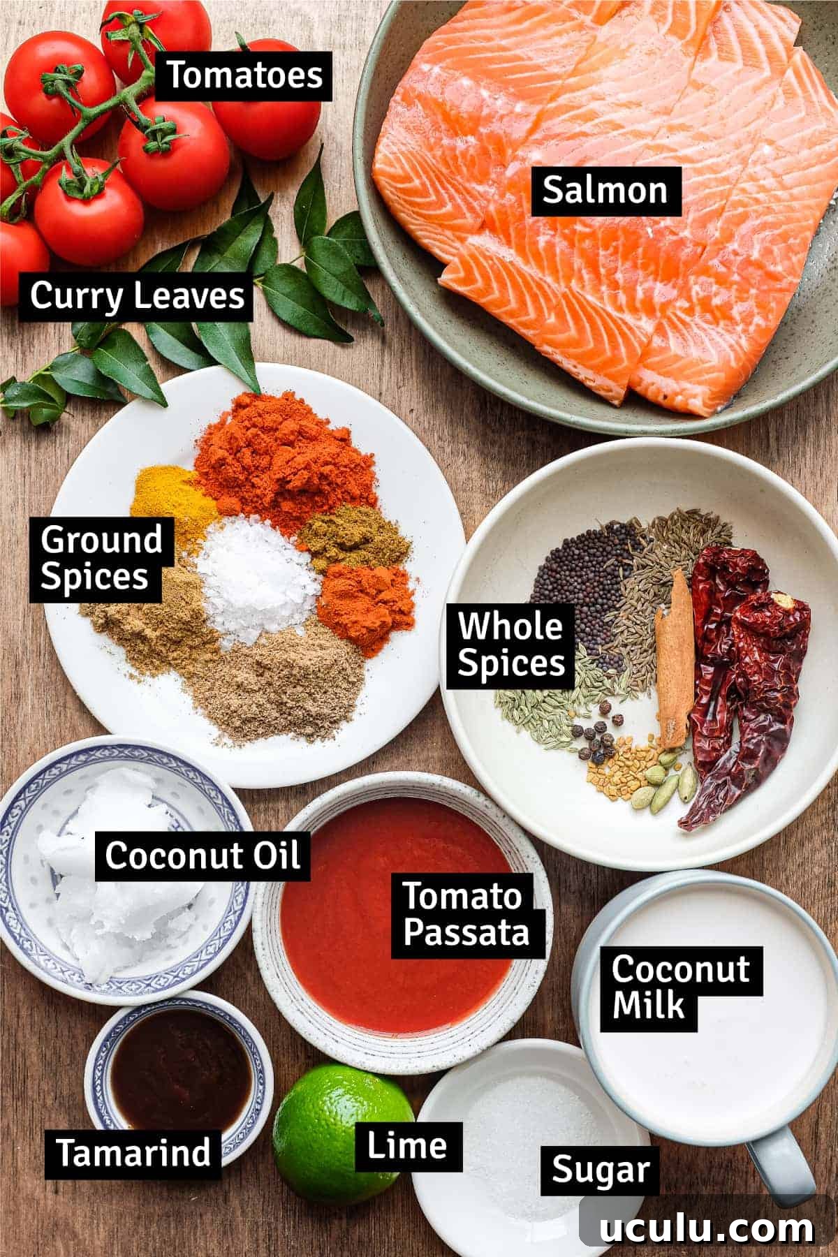 The ingredients for a simple Indian Salmon Curry: Whole spices, ground spices, salmon, coconut milk and oil, curry leaves and tomatoes.