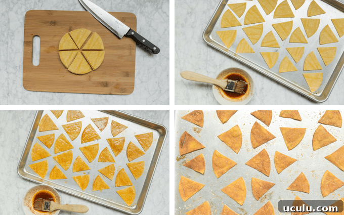 Four images show the process of making Baked Chili Lime Tortilla Chips: cutting tortillas into triangles, arranging them on a baking sheet, brushing with chili lime seasoning, and baked chips on the tray.