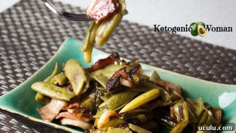 green beans and bacon on a blue dish