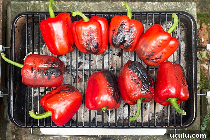 Charred red peppers on BBQ