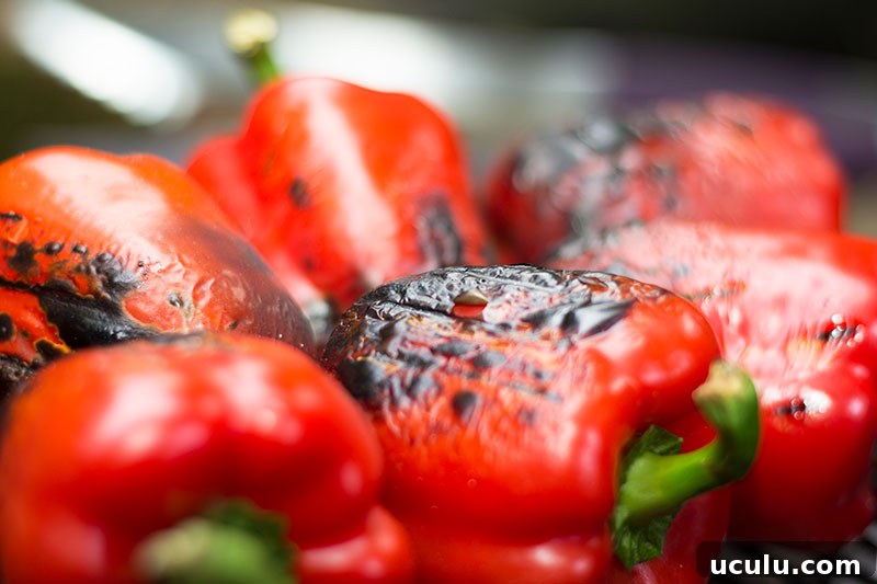 Charred red peppers on BBQ