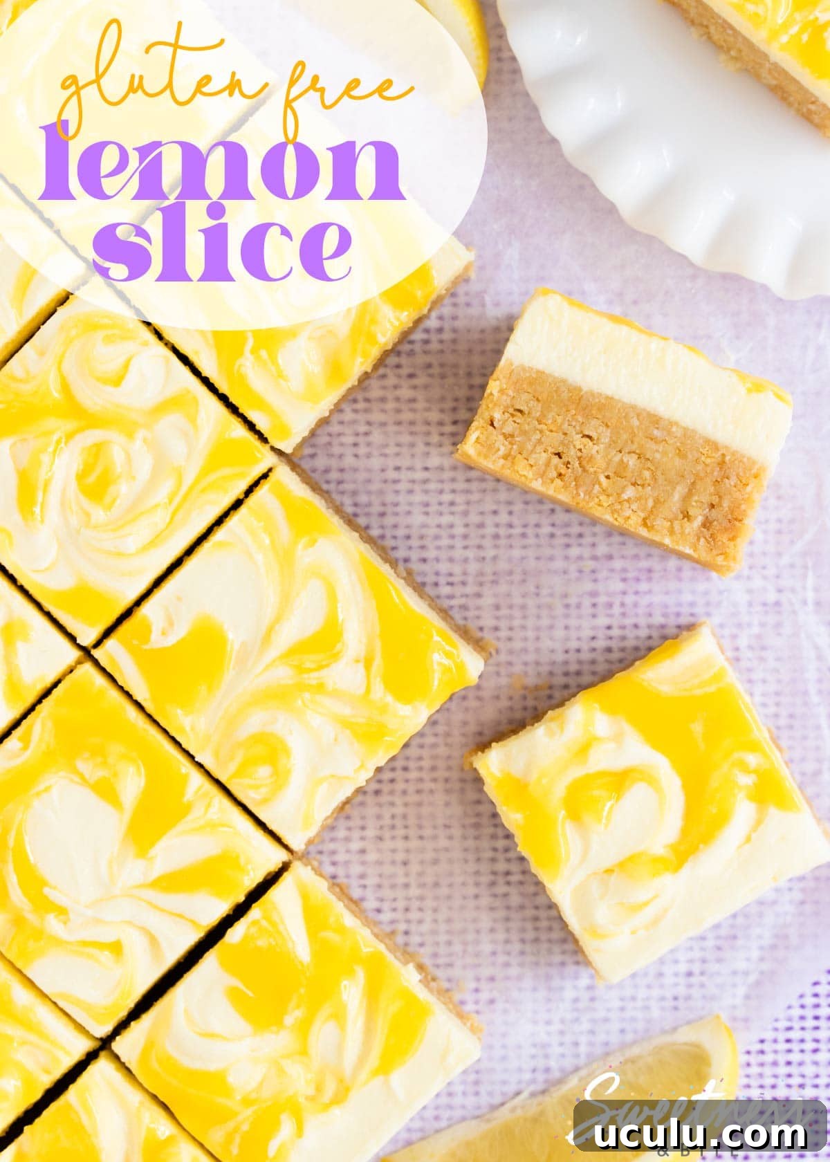 Pieces of slice on a pale purple background, text overlay reads: "gluten free lemon slice".
